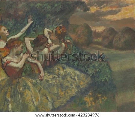 Four Dancers, by Edgar Degas, 1899. French impressionist painting, oil on canvas. The four figures were based on photographs of one model in different poses and represents one ballerina moving throug