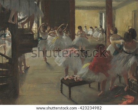 The Dance Class, by Edgar Degas, 1873, French impressionist painting, oil on canvas. Scene with young ballerinas at the Paris Opera House