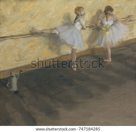 Dancers Practicing at the Barre, by Edgar Degas, 1874, French impressionist painting, on canvas. Louisine Havemeyer purchased this painting for $95,700 in 1912, setting a record price for a work by a