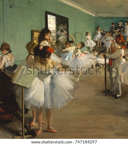 The Dance Class, by Edgar Degas, 1873, French impressionist painting, oil on canvas. Over twenty women, ballerinas and their mothers, wait while a dancer executes her examination. Jules Perrot, a famo
