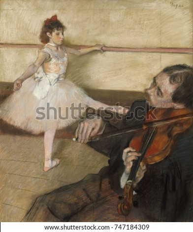 The Dance Lesson, by Edgar Degas, 1879, French impressionist drawing, pastel on paper. Degas added a panel of paper at top and on right to incorporate the violin player