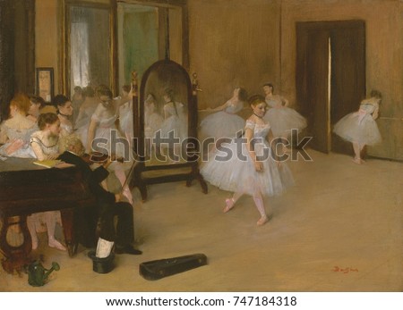 The Dancing Class, by Edgar Degas, 1870, French impressionist painting, oil on wood. This is Degass first depiction of a dance class, painted from study drawings