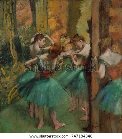 Dancers, Pink and Green, by Edgar Degas, 1890, French impressionist painting, oil on canvas. The dark profile shows a top-hatted patron of the Paris Opera, who was allowed to be watch the dancers in t
