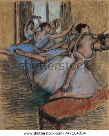 The Dancers, by Edgar Degas, 1900, French impressionist drawing, pastel and charcoal on paper. Degas told art dealer Ambroise Vollard, for me the dance is a pretext for painting pretty costumes and re