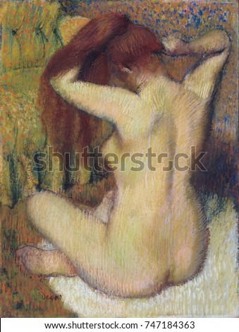 Woman Combing Her Hair, by Edgar Degas, 1888-90, French impressionist drawing, pastel on paper. Degas modeled the figure's pink flesh with chartreuses and greens. At the same time Post Impressionists