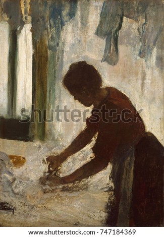 A Woman Ironing, by Edgar Degas, 1873, French impressionist painting, oil on canvas. As with dancers, Degas painted the repetitive, specialized gestures made by laundresses