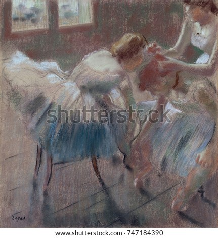 Three Dancers Preparing for Class, by Edgar Degas, 1878-90, French impressionist pastel drawing. The dancer on right is fifteen-year-old Melina Darde, a second-line dancer who never became a soloist