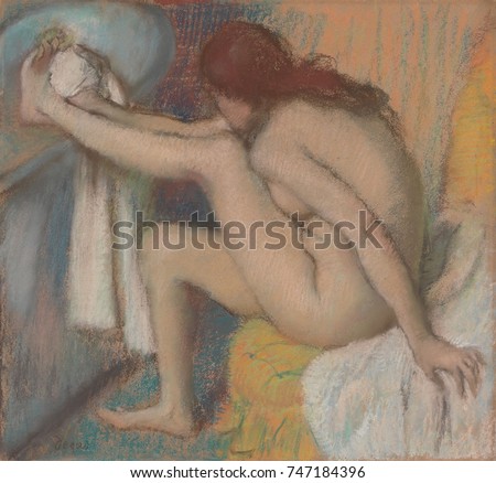 Woman Drying Her Foot, by Edgar Degas, 1885-86, French impressionist drawing, pastel on paper. Degas depicted the bather in a natural position, doubled-up, reaching to dry her foot