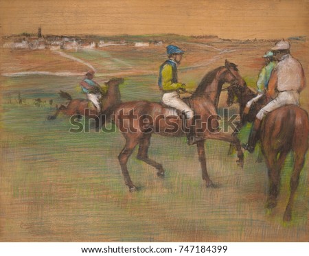 Race Horses, by Edgar Degas, 1885-88, French impressionist drawing, pastel on wood. Degas applied the pastel directly on a wood panel, allowing the bare wood to represent the sky