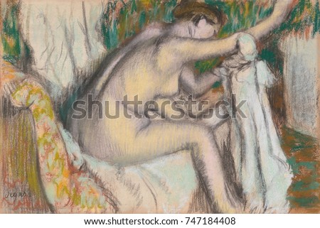 Woman Drying Her Arm, by Edgar Degas, 1888-92, French impressionist pastel and charcoal drawing. Critics attacked the ungainly poses of his bathers, comparing them negatively against the conventional