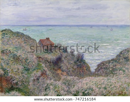 Cabin of the Customs Watch, by Claude Monet, 1882, French impressionist painting, oil on canvas. This painting is one of 14 views Monet made at Pourville in 1882