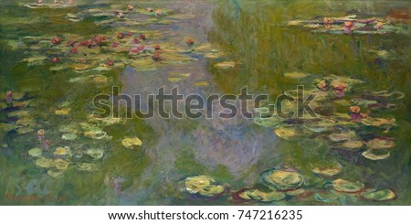 Water Lilies, by Claude Monet, 1919, French impressionist painting, oil on canvas. Monet left many of his late works unfinished, but this work was an exception which he signed and sold in 1919