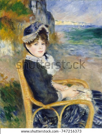 By the Seashore, by Auguste Renoir, 1883, French impressionist painting, oil on canvas. The model is Aline Victorine Charigot, then Renoirs lover, who became his wife in 1890. Filmmaker Jean Renoir wa