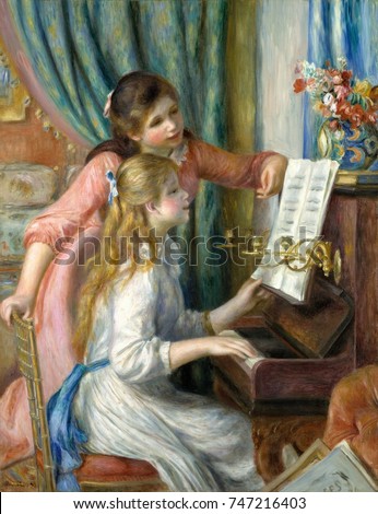 Two Young Girls at the Piano, by Auguste Renoir, 1892, French impressionist painting, oil on canvas. This was painted for the new Musee du Luxembourg, which collected the works of living artists
