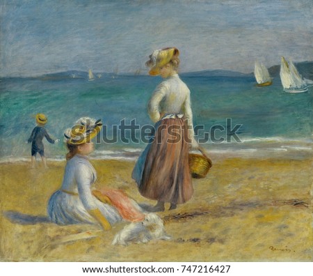 Figures on the Beach, by Auguste Renoir, 1890, French impressionist painting, oil on canvas. Beach scene painted on the Cote d\x90Azur in southern France