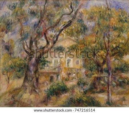 The Farm at Les Collettes, Cagnes, by Auguste Renoir, 1908_14, French impressionist oil painting. Renoir moved to the Mediterranean near Nice in 1907 and painted his farmhouse framed by olive trees Photo stock © 