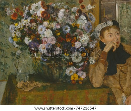 A Woman Seated beside a Vase of Flowers, by Edgar Degas, 1865, French impressionist oil painting. Degas adopted Impressionist pictorial elements, such as the sitters cropped placement on the canvas ed