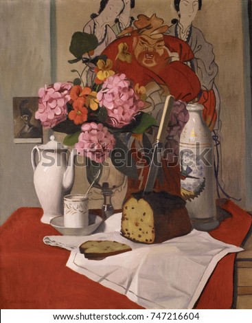 Still Life with Flowers, by Felix Vallotton, 1925, Swiss/French painting, painting, oil on canvas. A print of a Rembrandt painting symbolizes traditional European painting, while the large East Asian