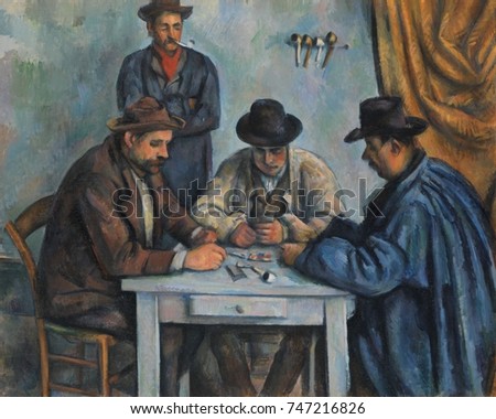 The Card Players, by Paul Cezanne, 1890-92, French Post-Impressionist painting, oil on canvas. This is believed to be the first of five paintings Cezanne made of peasants playing cards