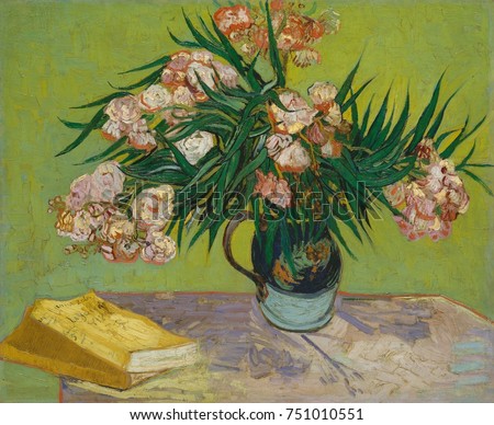 Oleanders, by Vincent Van Gogh, 1888, Dutch Post-Impressionist, oil on canvas. The flowers fill a majolica jug that he used for other still lifes and share the table with Emile Zolas novel, La Joie de