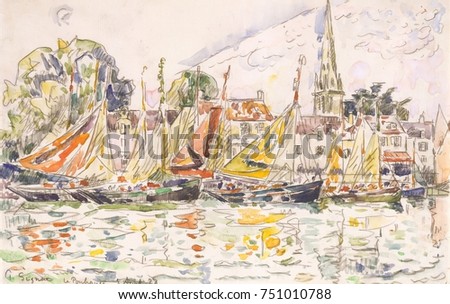 Le Pouliguen: Fishing Boats, by Paul Signac, 1928, French Post-Impressionist watercolor painting. Signac added watercolor over a black crayon drawing to paint the fishing port Le Pouliguen, on the sou