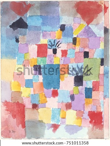 SOUTHERN GARDENS, by Paul Klee, 1913, Swiss drawing, watercolor and ink on paper. This early abstract work was painted under the influence of Cubists Picasso and Braque, and the abstract colorists Rob