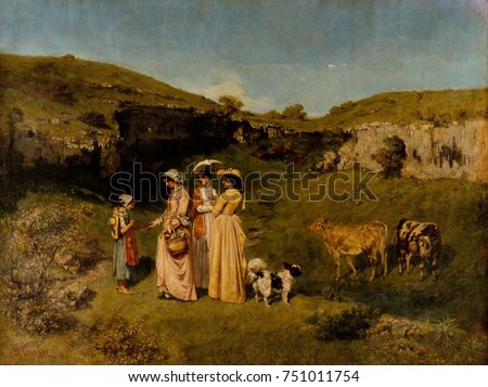 YOUNG LADIES OF THE VILLAGE, by Gustave Courbet, 1851-52, French painting, oil on canvas. The artists three sisters, offer alms to a young cowherd, while walking to his native village of Ornans. It is