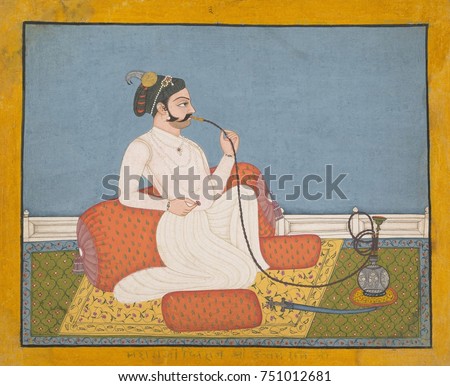 PORTRAIT OF THAKUR UTHAM RAM, 1750-60s, Indian painting, ink, opaque watercolor, silver on paper. A man of the Rajput elite, reclines on a cushion and smokes an hookah in an interior with carpets