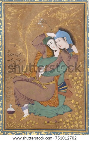 THE LOVERS, by Riza-yi Abbasi, 1630, Persian painting, opaque watercolor, ink, gold on paper. Miniature of lovers painted in Isfahan, during the reign of Shah Safi of Irans Safavid dynasty. The couple