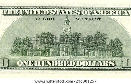 one hundred dollar bill macro turnover . Independence Hall on the back of one hundred dollar bills.