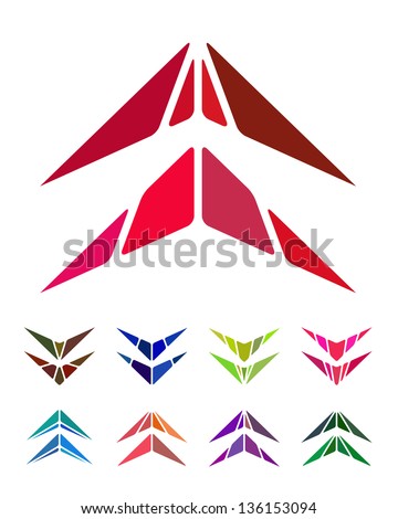 Design arrow logo element. Crushing abstract pattern. Colorful hang gliding, aircraft icons set.