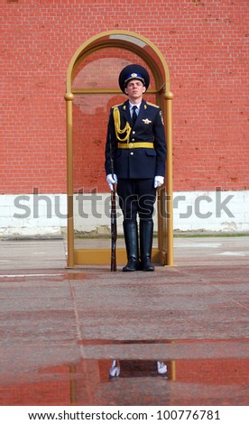 MOSCOW - APRIL 23: The Guard of Honor at the tomb of the Unknown Soldier at the wall of Moscow Kremlin on April 23, 2012 in Moscow, Russia.