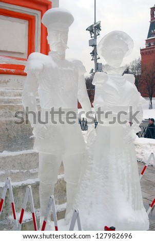 MOSCOW, RUSSIA - FEBRUARY 02: Ice Sculpture exhibition of the Russian historical figures on the Red Square, by the St. Basil\'s Cathedral. Taken on February 02, 2013 in Moscow, Russia .