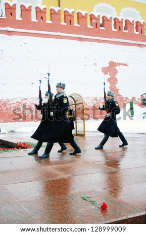 MOSCOW - FEBRUARY 02: Guard of Honor change at the tomb of the Unknown Soldier at the wall of Moscow Kremlin on February 02, 2013 in Moscow, Russia.