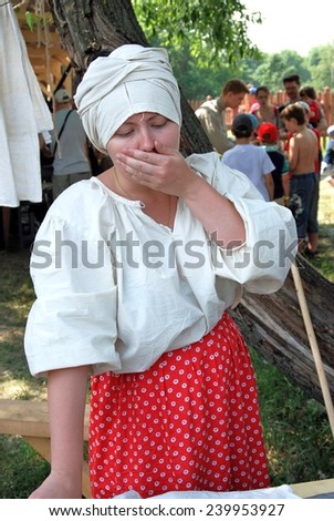 MOSCOW - JUNE 07, 2014: Portrait of a person in historical costume. Times and Ages International Historical Festival in Kolomenskoye park, Moscow.