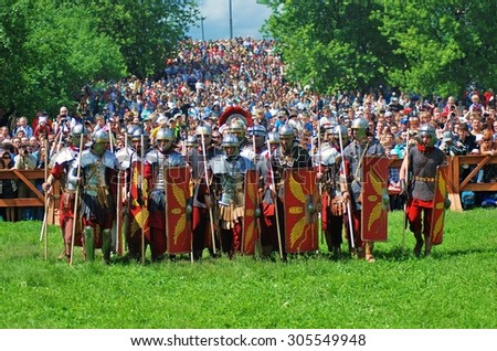 MOSCOW - JUNE 06, 2015: Persons in historical costumes at Historical festival Times and Ages. Ancient Rome in Kolomenskoye park, Moscow.