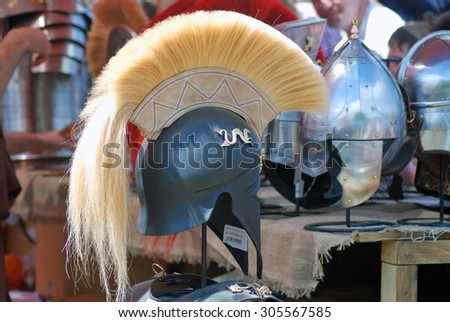 MOSCOW - JUNE 06, 2015: Old helmet shown at Historical festival Times and Ages. Ancient Rome in Kolomenskoye park, Moscow.
