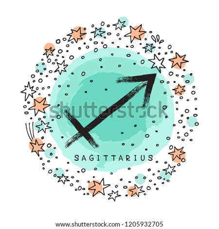 Zodiac sign Sagittarius with ink grunge frame isolated on white background. Zodiac constellation. Design element for horoscope and astrological forecast.