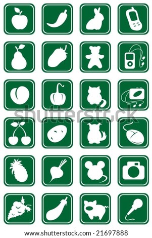 Stylized icons set: fruits, vegetables, animals and electronic silhouettes.