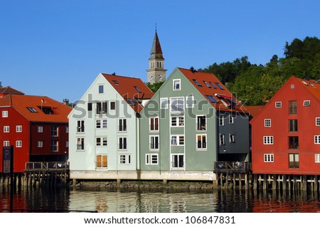 TRONDHEIM,NORWAY- MAY 25 : Typical houses on the river Nidelva on May 25, 2008 in Trondheim, Norway. The city was founded by the Vikings, is the third largest city in Norway.