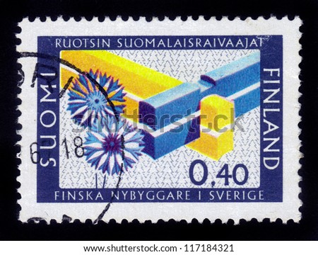 FINLAND - CIRCA 1967: a stamp printed in the Finland shows Double Mortise Corner, Finnish Settlers in Sweden, Symbolize unity of the two countries , circa 1967