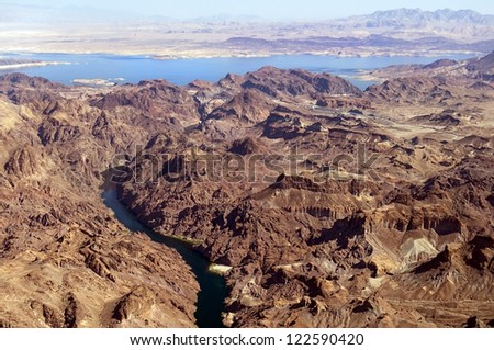 view from the helicopter to the great Colorado River and lake Mead , Nevada, United States