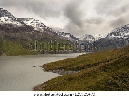 picturesque lake in the Swiss Alps, before the rain