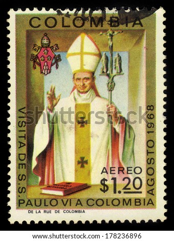 COLOMBIA - CIRCA 1968: a stamp printed in the Colombia shows Pope Paul VI, Visit of Pope Paul VI to Colombia, circa 1968
