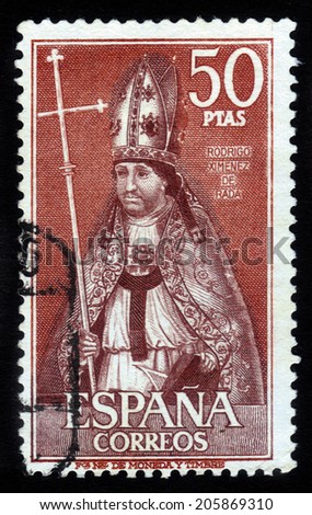 SPAIN - CIRCA 1970: A stamp printed in SPAIN shows image portrait Rodrigo Jimenez (or Ximenez) de Rada was a Navarrese-born Castilian Roman Catholic bishop and historian, circa 1970.