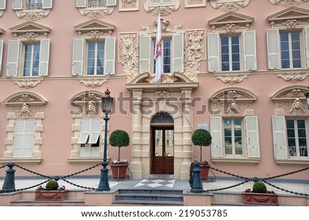 Monte Carlo, French Riviera - March 21: entrance to the barracks of the Prince\'s Guard, Palace Square Monaco on March 21, 2014, Monte Carlo, French Riviera