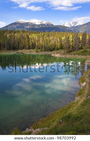 reflection of the forest and the sky in the emerald lake. Banff Alberta, Canada