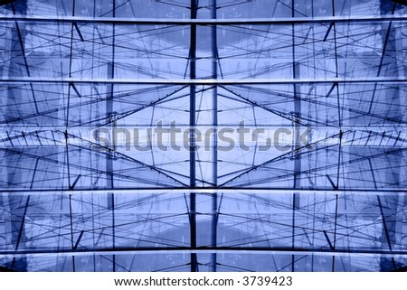 Abstract  background - overlapping reflections in the windows of a modern conference hall. Blue monochrome