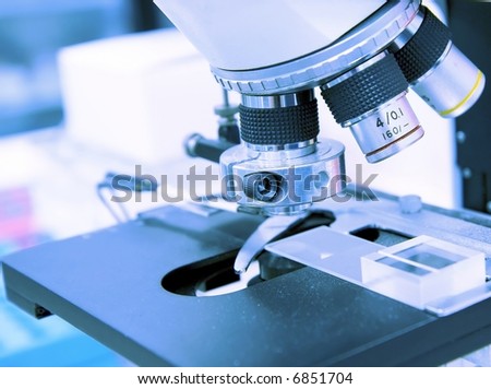 Closeup of microscope in biology/medical lab