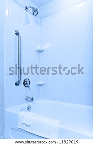 Handicapped and senior-accessible tub and shower in a modern apartment or hotel
